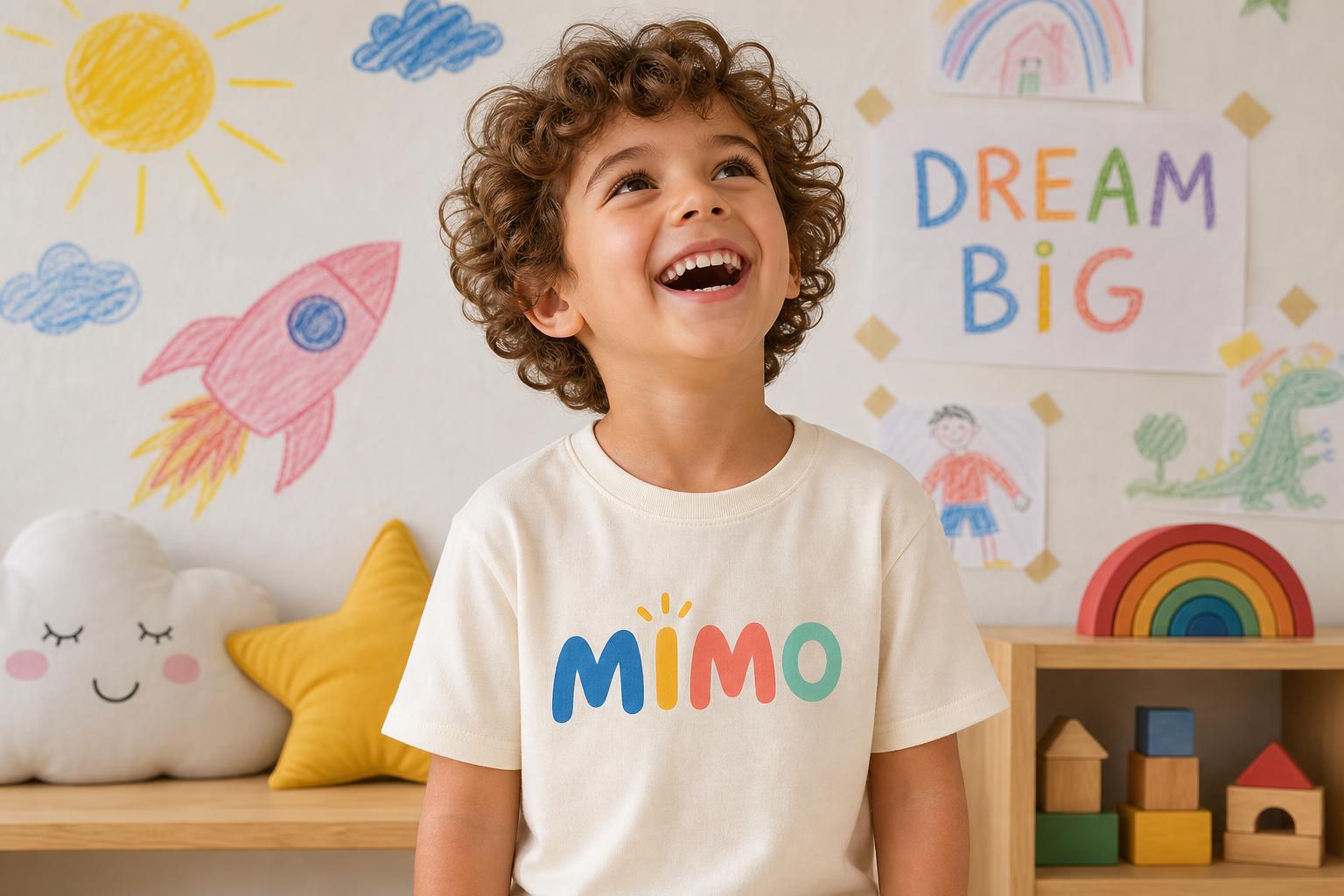 Little MIMO original wearing a MIMO tee in a playroom with crayon drawings